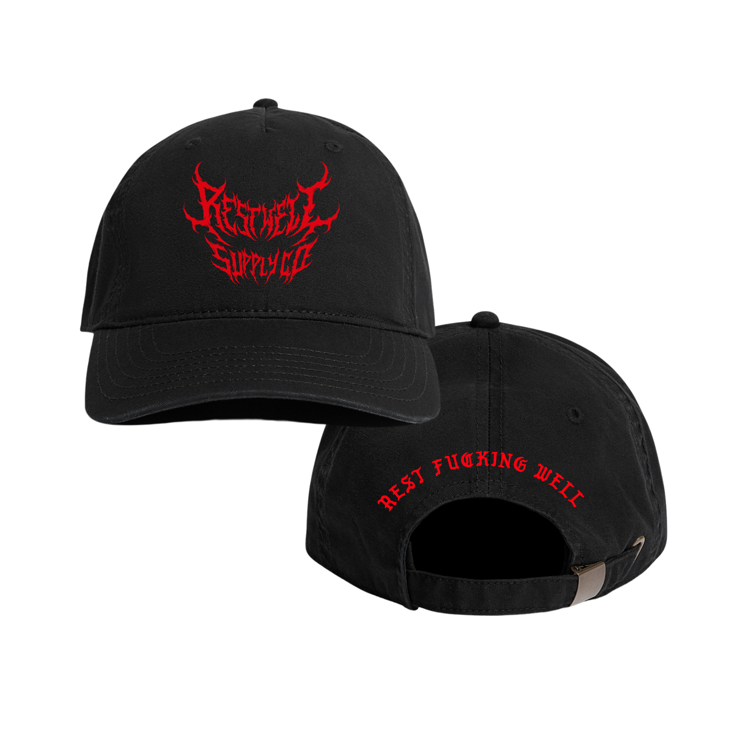 5 Panel Metal Hat Red on Black