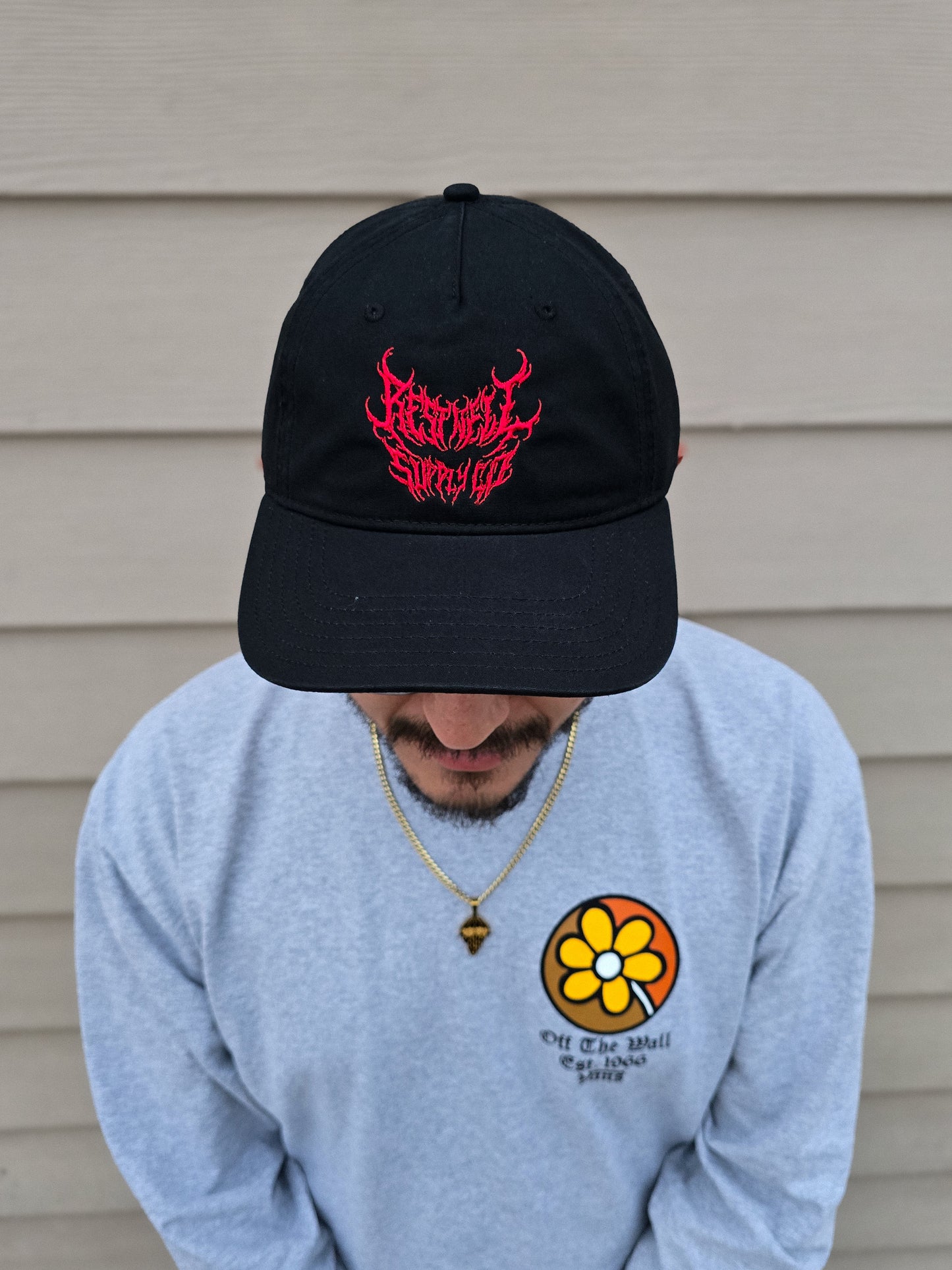 5 Panel Metal Hat Red on Black