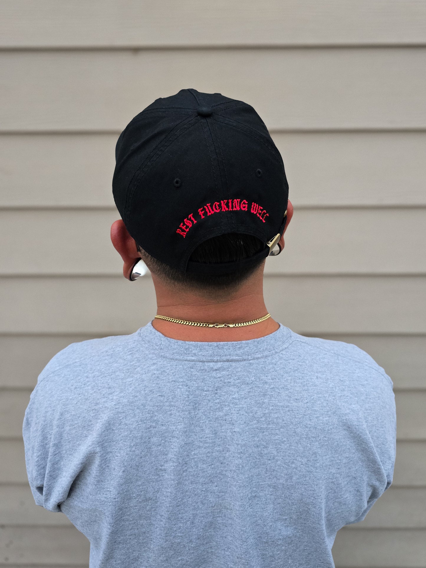 5 Panel Metal Hat Red on Black